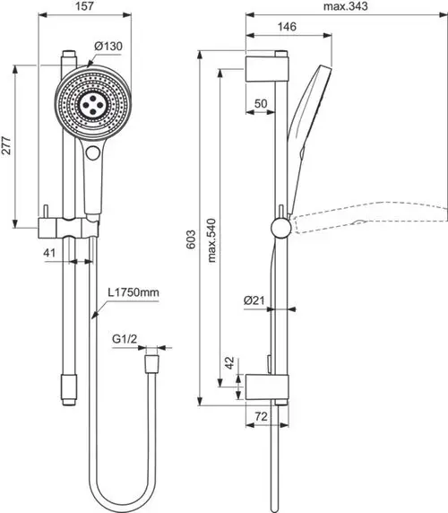 Brausekombination von Ideal Standard mit Handbrause und Schlauch, montagefertig mit Halterung und verschiedenen Dimensionen für individuelle Anwendung.